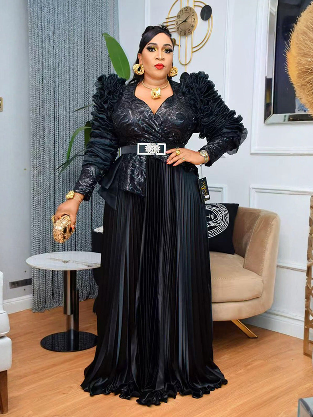 Habit :Robe de soirée taille haute à strass et paillettes