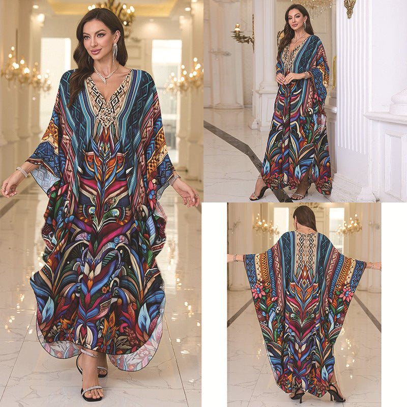 Robe longue de plage imprimée en coton pour femme, robe longue ample, paréo, vêtement de protection solaire