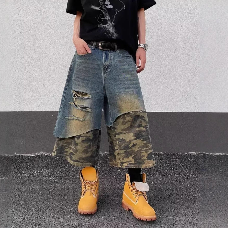 Shorts en jean lavé pour hommes taille haute style raccourci et usé