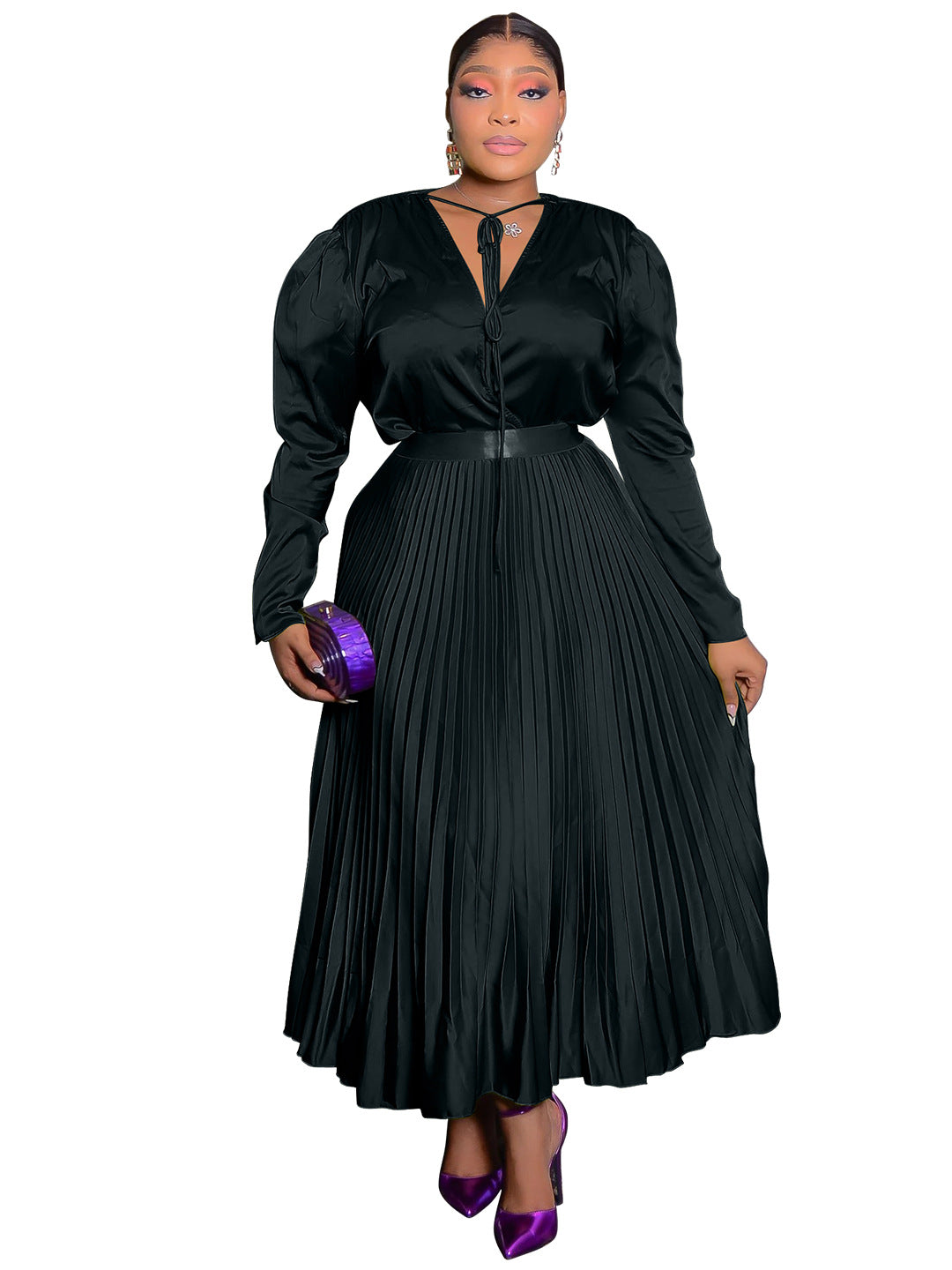 Habit :Ensemble jupe plissée à manches longues pour femme grande taille avec détails lacés