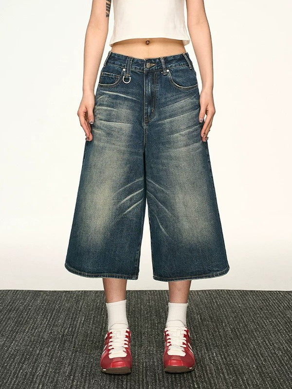 Pantalon court en jean large délavé vintage