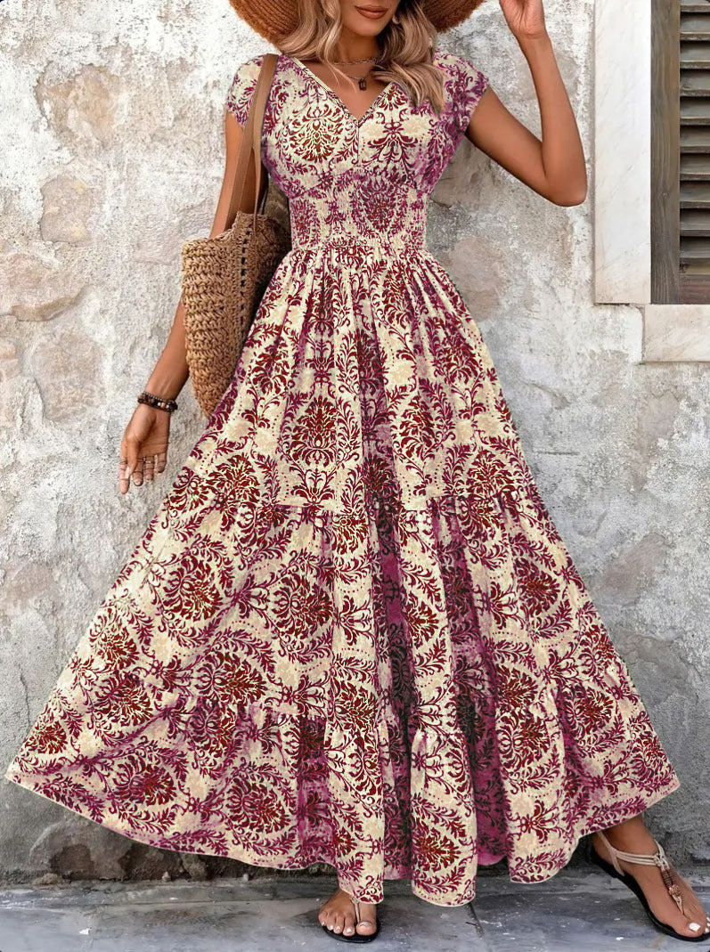 Robe rétro imprimée Robe élégante à manches courtes à col en V et à la mode