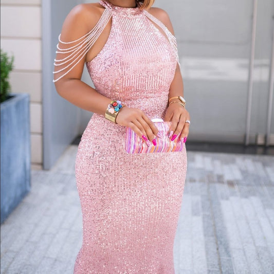 Habit :Robe moulante à sequins sans manches à col rond, robe longue pour femme