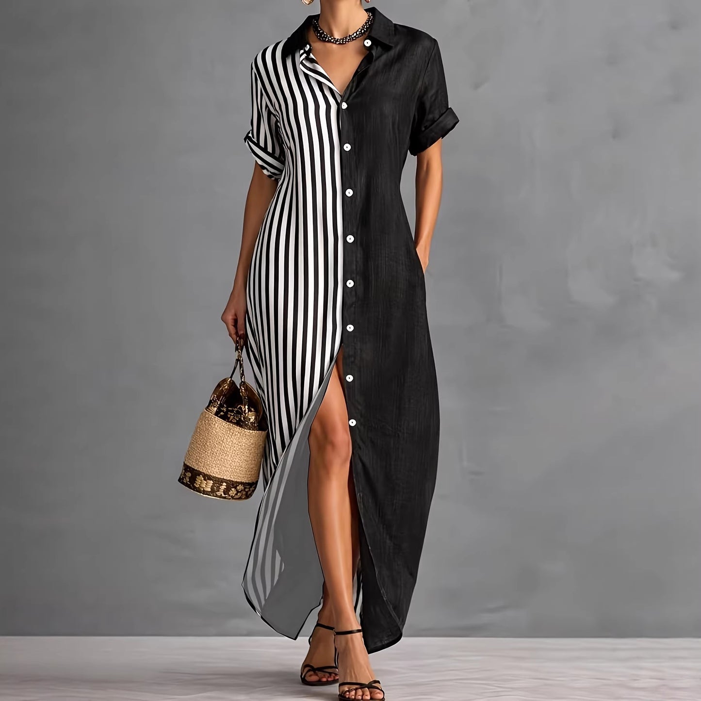 Robe chemise pour femmes à manches courtes avec col et imprimé géométrique