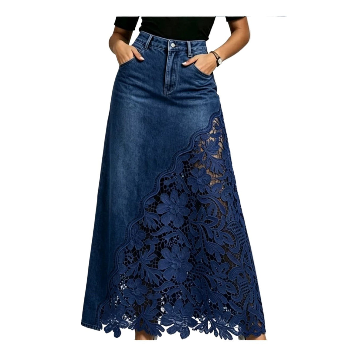Jupe midi en jean à bordure en dentelle