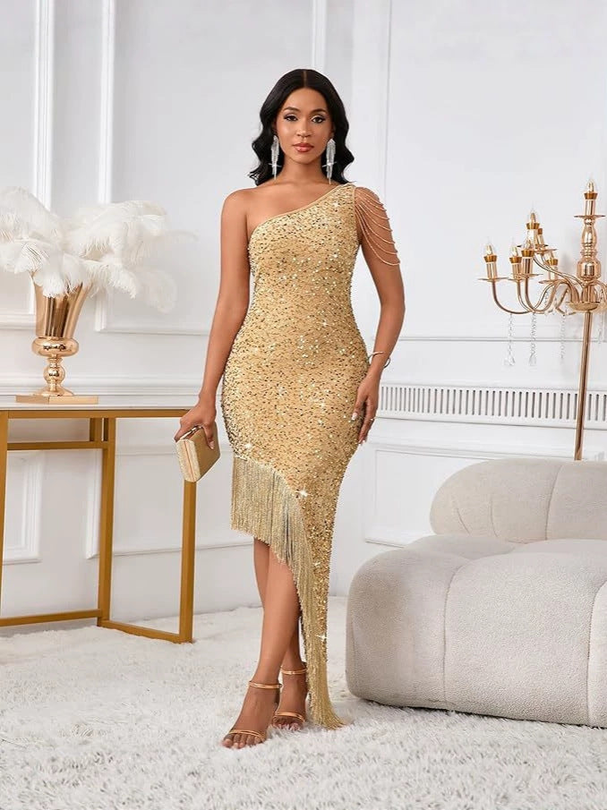 Habit :Robe de soirée asymétrique à sequins et pampilles de cristal pour femme