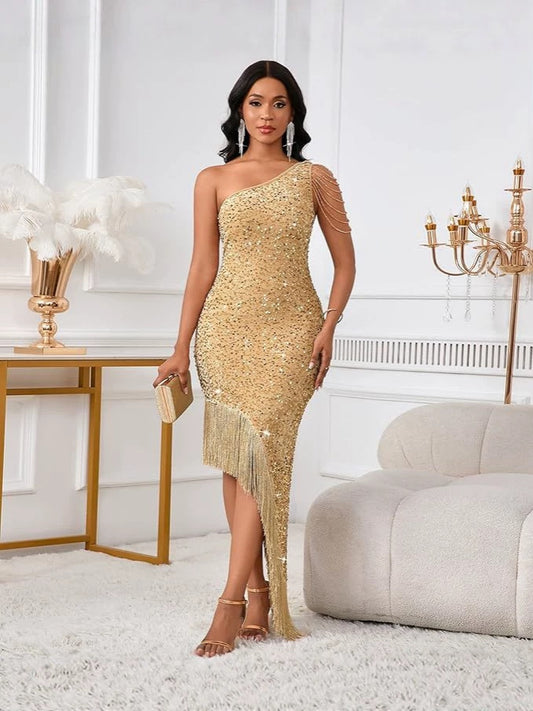 Habit :Robe de soirée asymétrique à sequins et pampilles de cristal pour femme