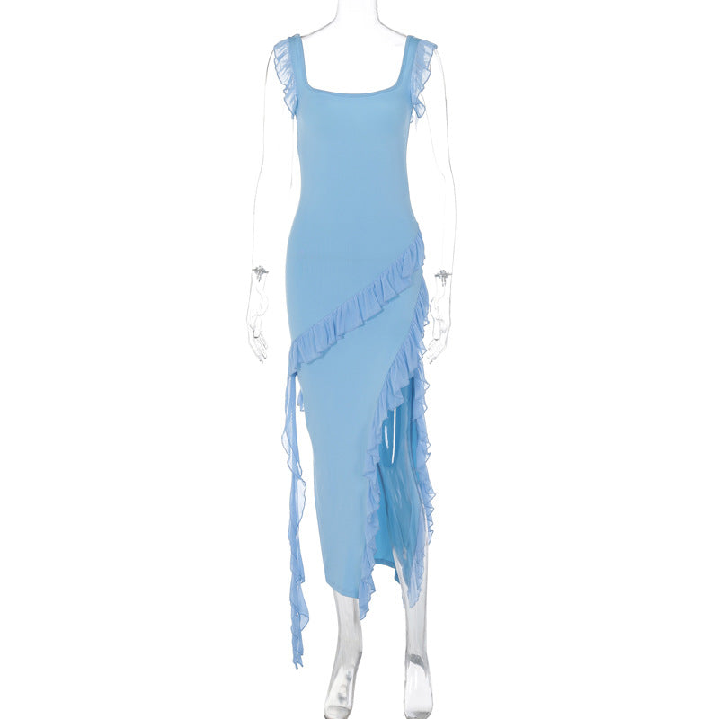 Robe longue fendue à volants sans manches