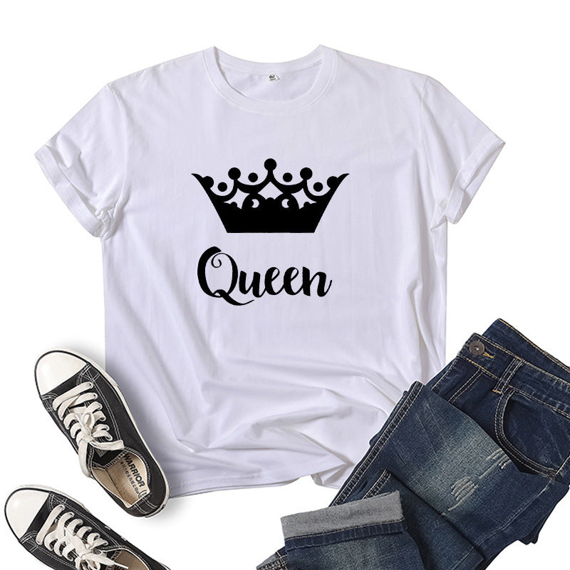 T-shirt en coton imprimé Roi Reine Couronne