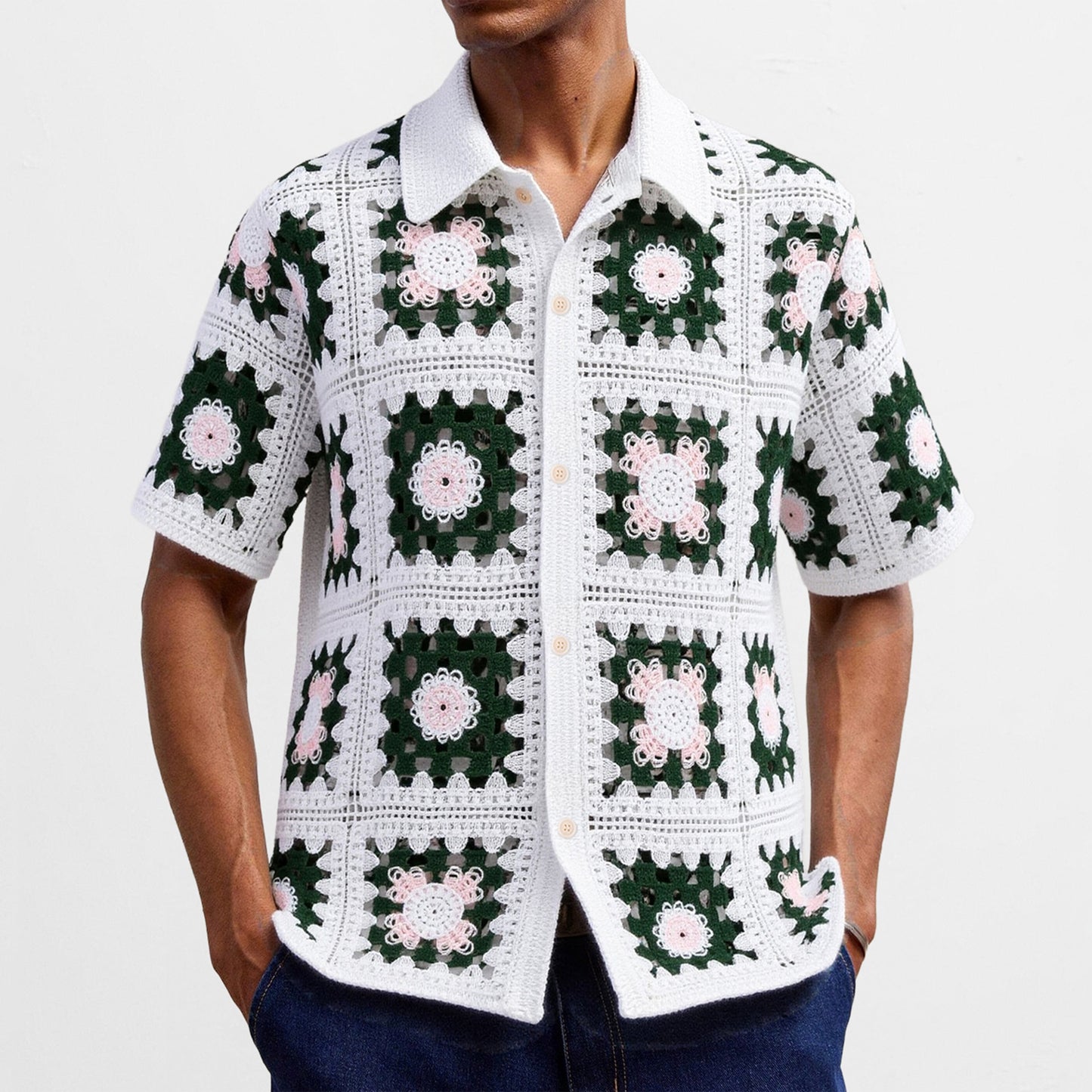 Polo homme en maille ajourée au crochet