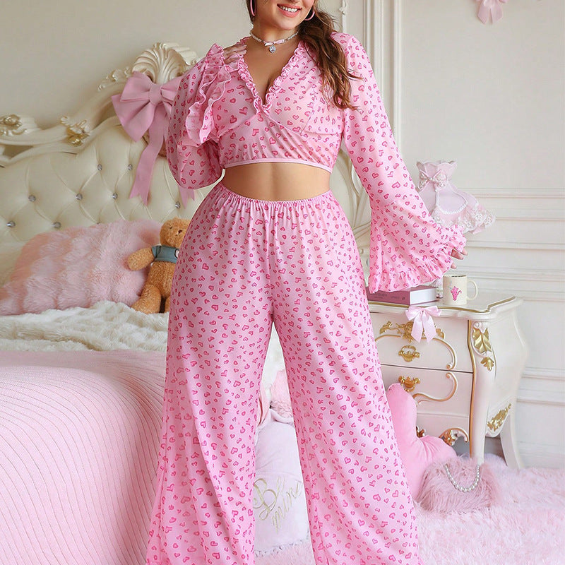 Ensemble de pyjama en dentelle transparente à motif cœur