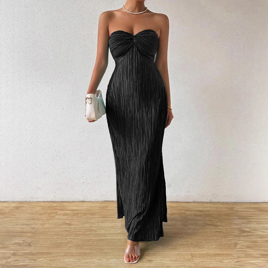 Robe longue plissee bustier avec detail noeud