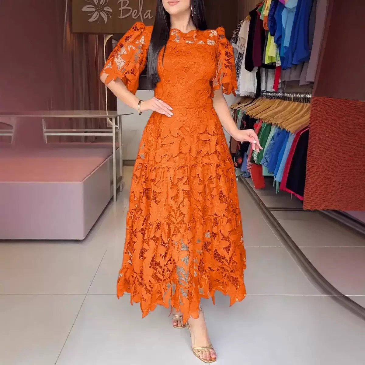 Robe d'été à dentelle ajourée, col rond, taille mi-haute