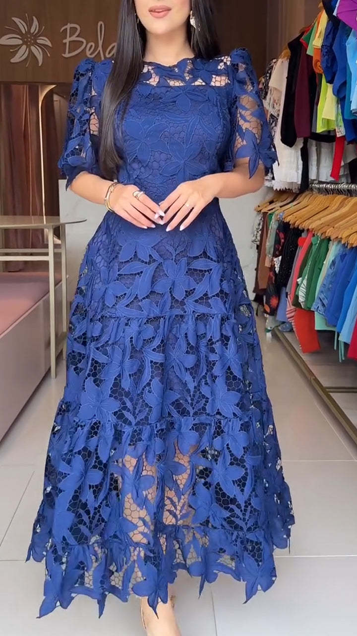 Robe d'été à dentelle ajourée, col rond, taille mi-haute