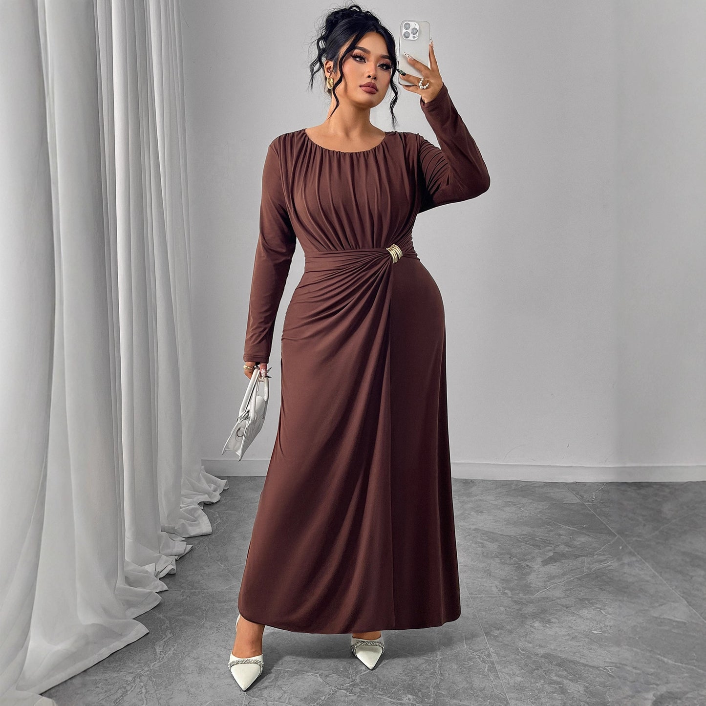 Robe longue à col V et manches bouffantes pour femme
