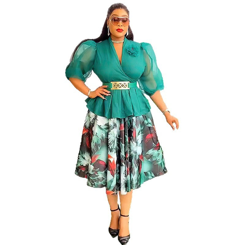 Habit :Ensemble deux pièces pour femme : haut et jupe en mousseline à imprimé floral