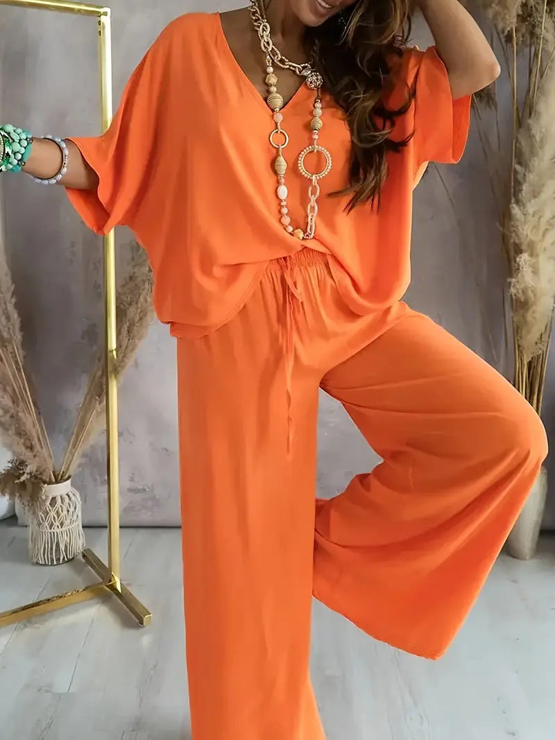 Ensemble pour femmes : haut à col en V à manches chauve-souris et pantalon large