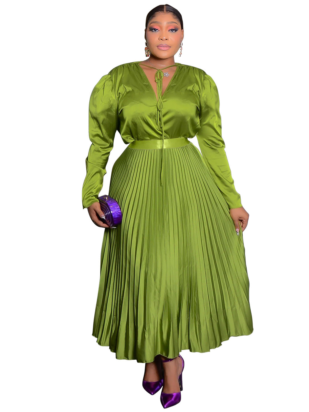 Habit :Ensemble jupe plissée à manches longues pour femme grande taille avec détails lacés