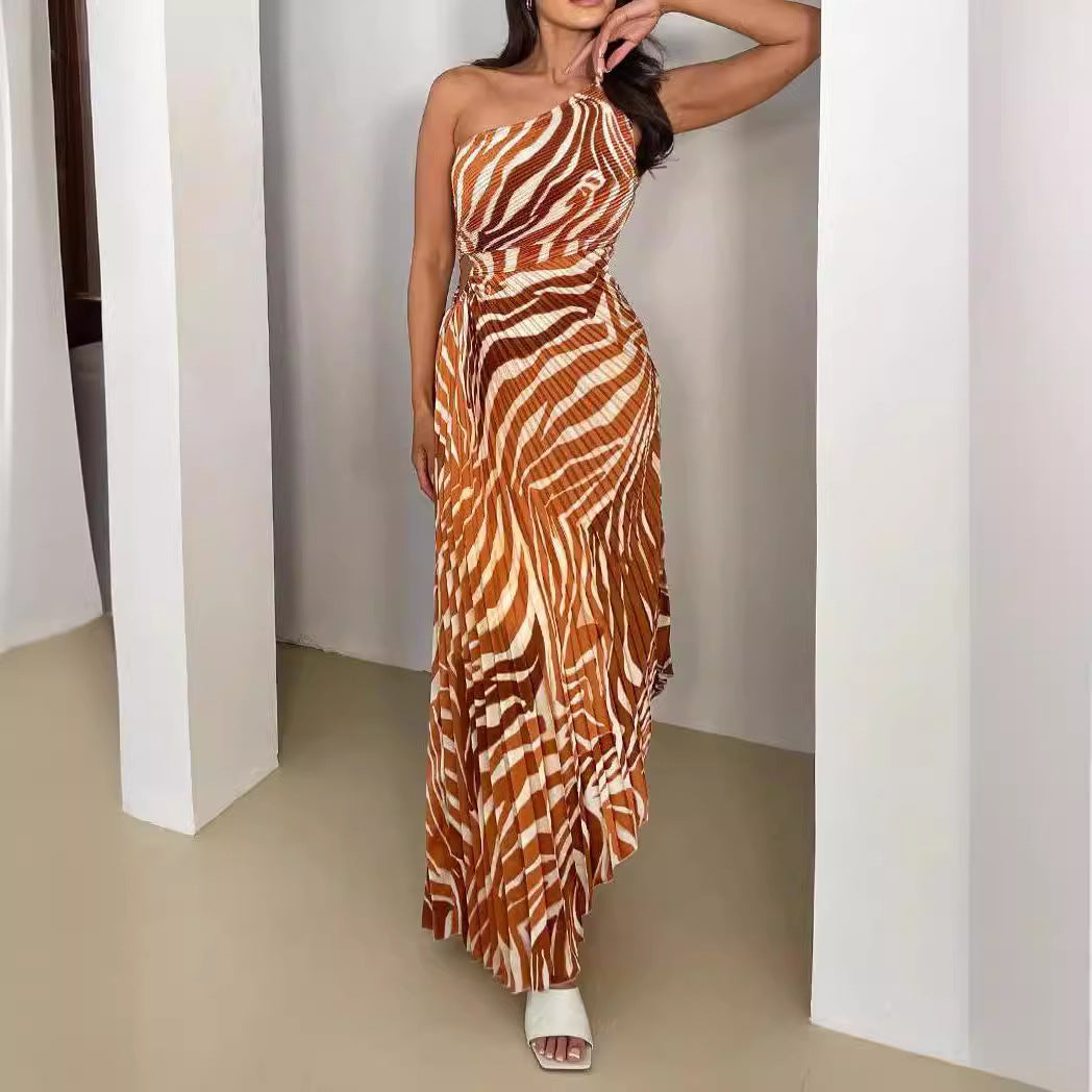 Robe imprimée plissée asymétrique à une épaule