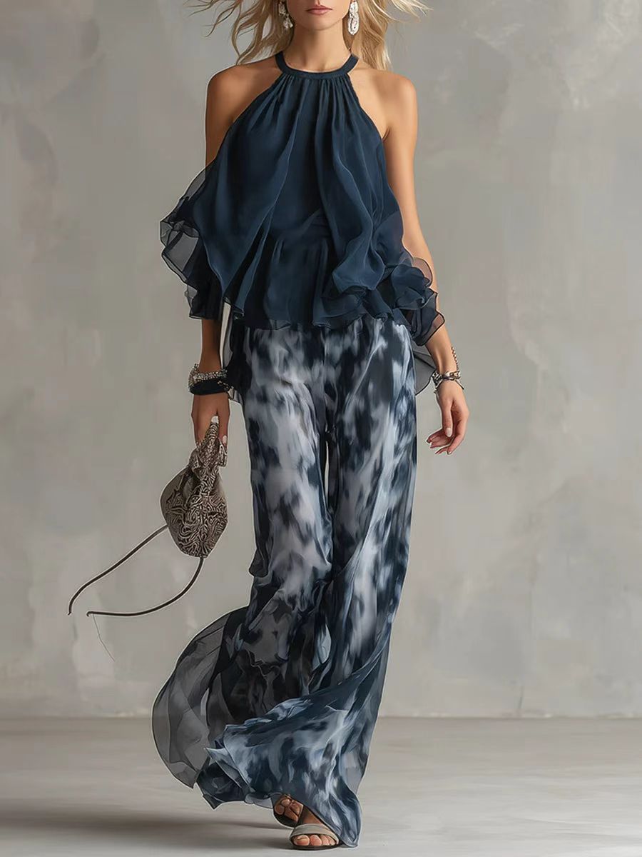 Ensemble haut sans manches à col licou et pantalon large imprimé
