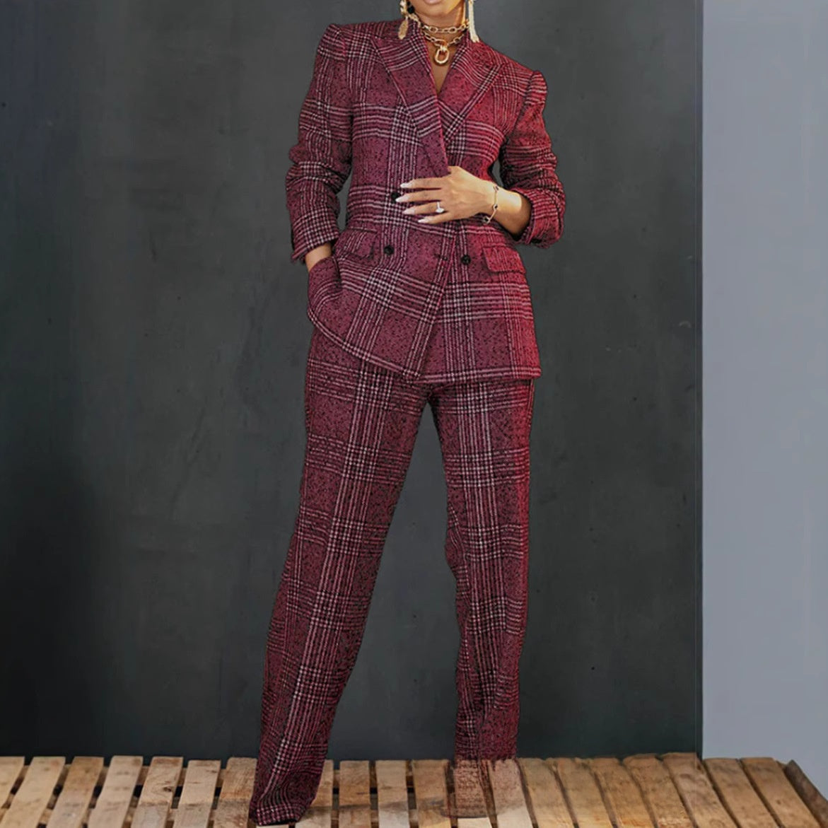 Veste et pantalon femme à carreaux