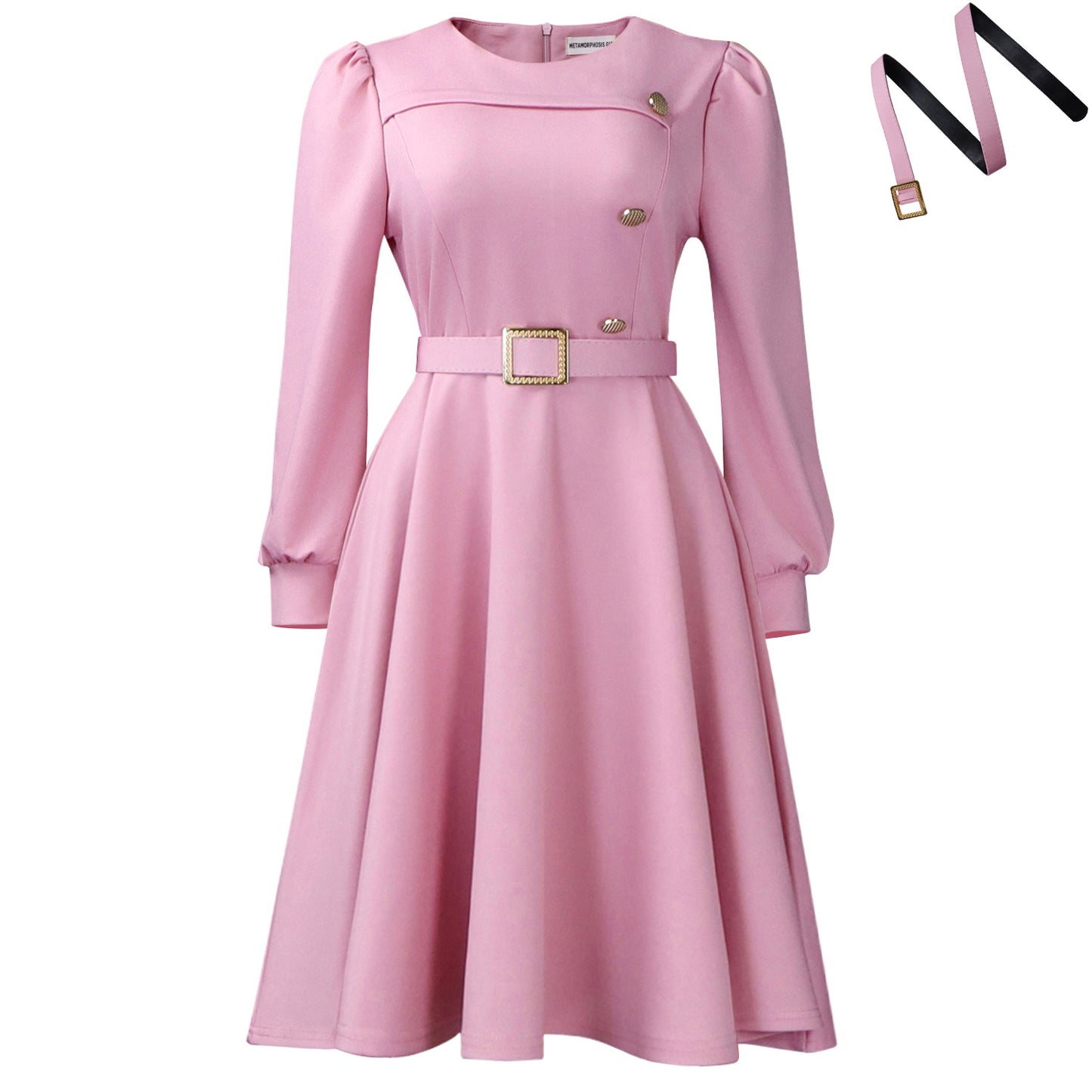 Habit :Robe élégante pour femme, col rond, manches longues, taille haute, coupe trapèze