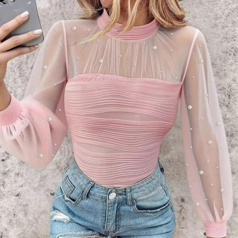 Chemise à manches longues avec empiècement en perles