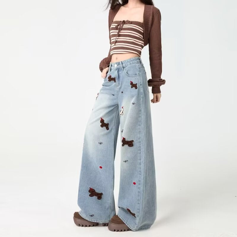 Pantalon en jean large brodé