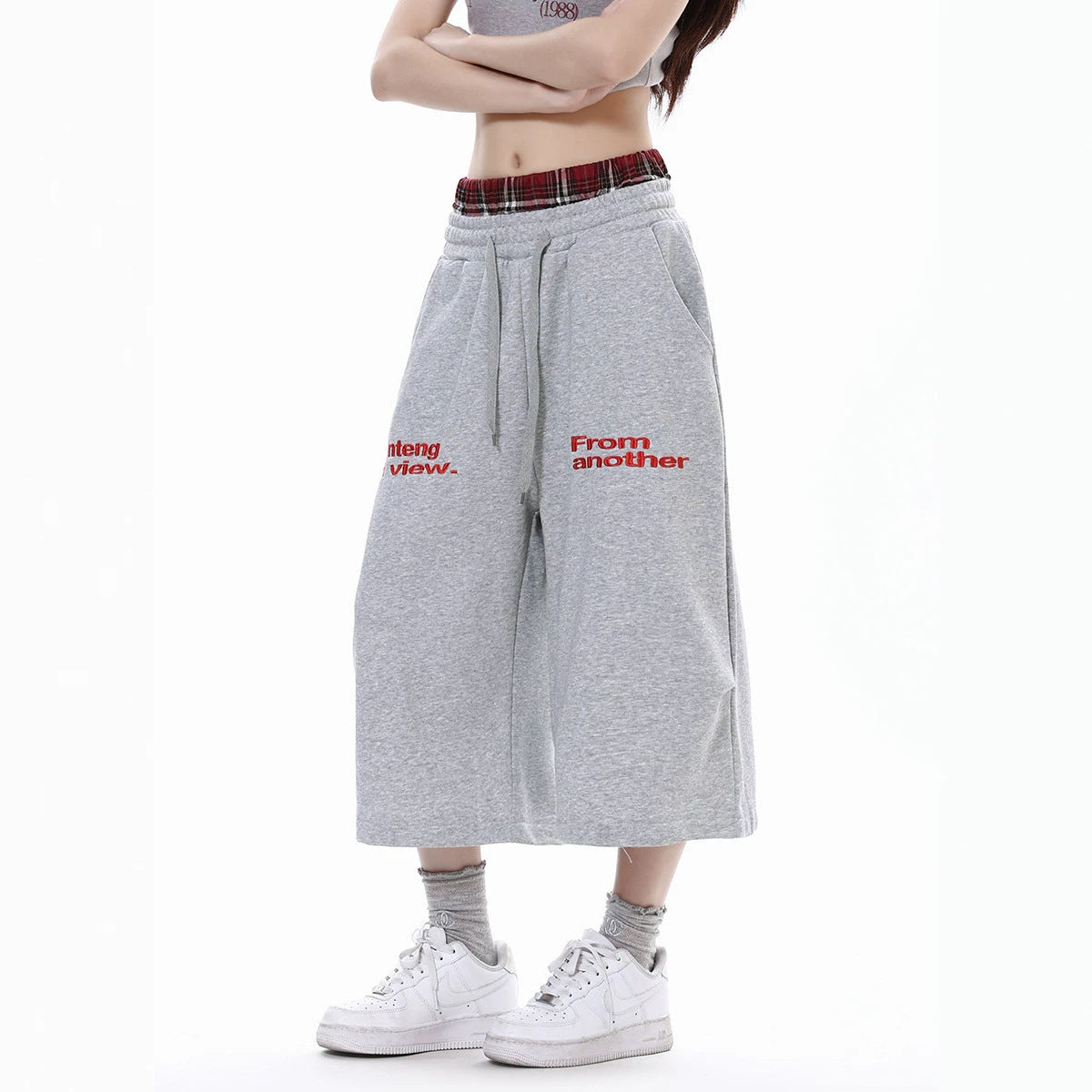 Pantalon court décontracté à carreaux patchwork et double taille