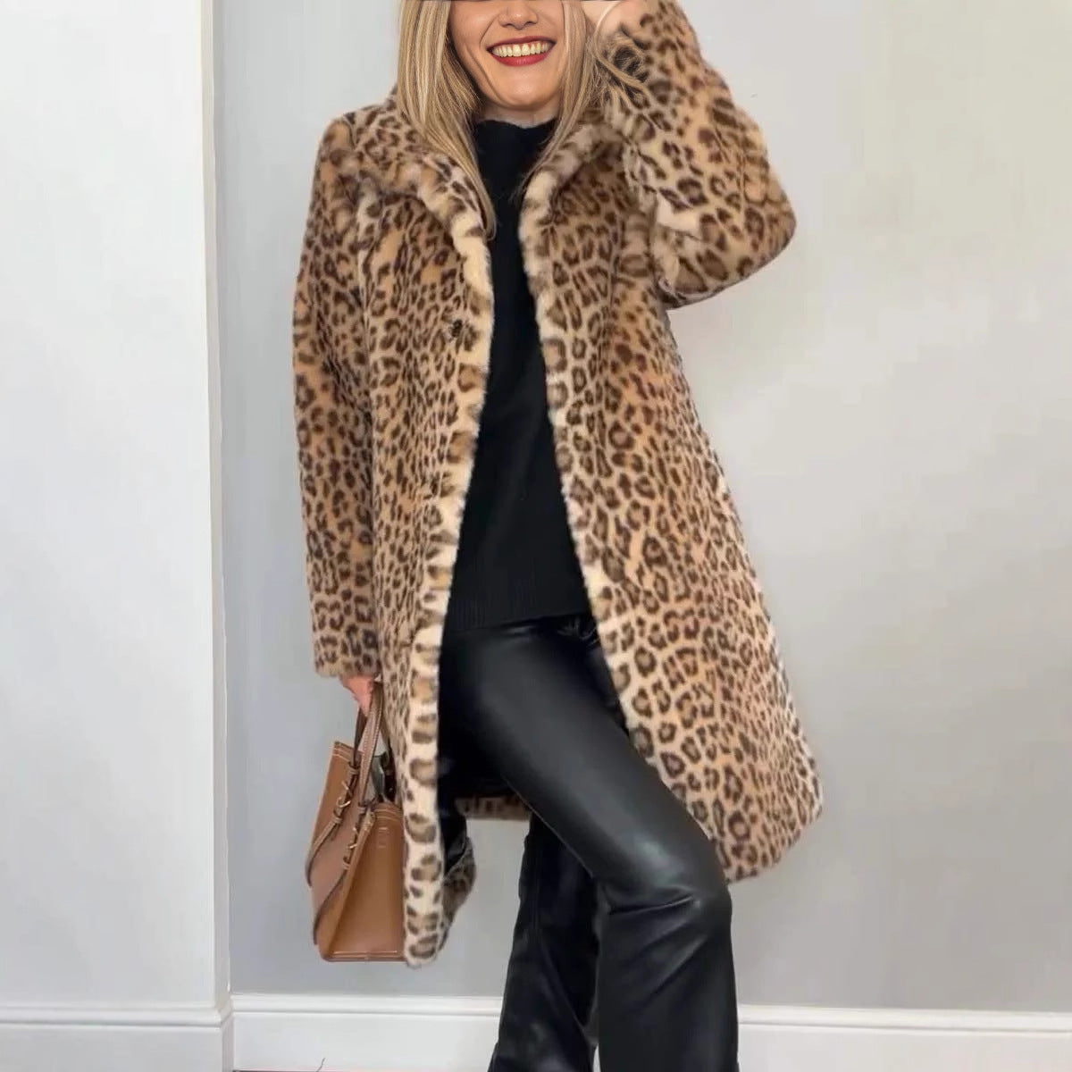 Manteau mi-long en peluche à imprimé léopard style western tendance automne/hiver