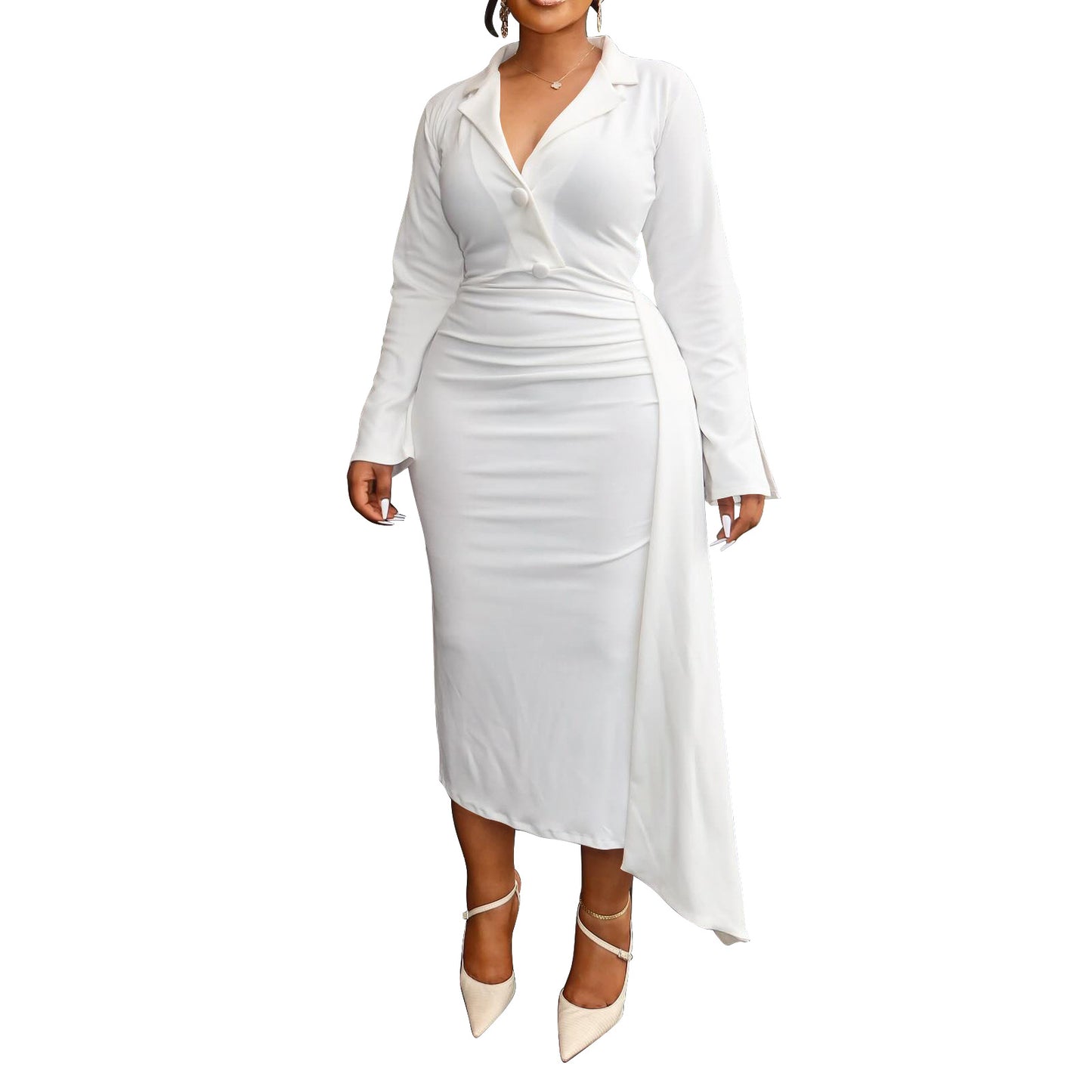 Habit :Robe plissée à col en V pour femme