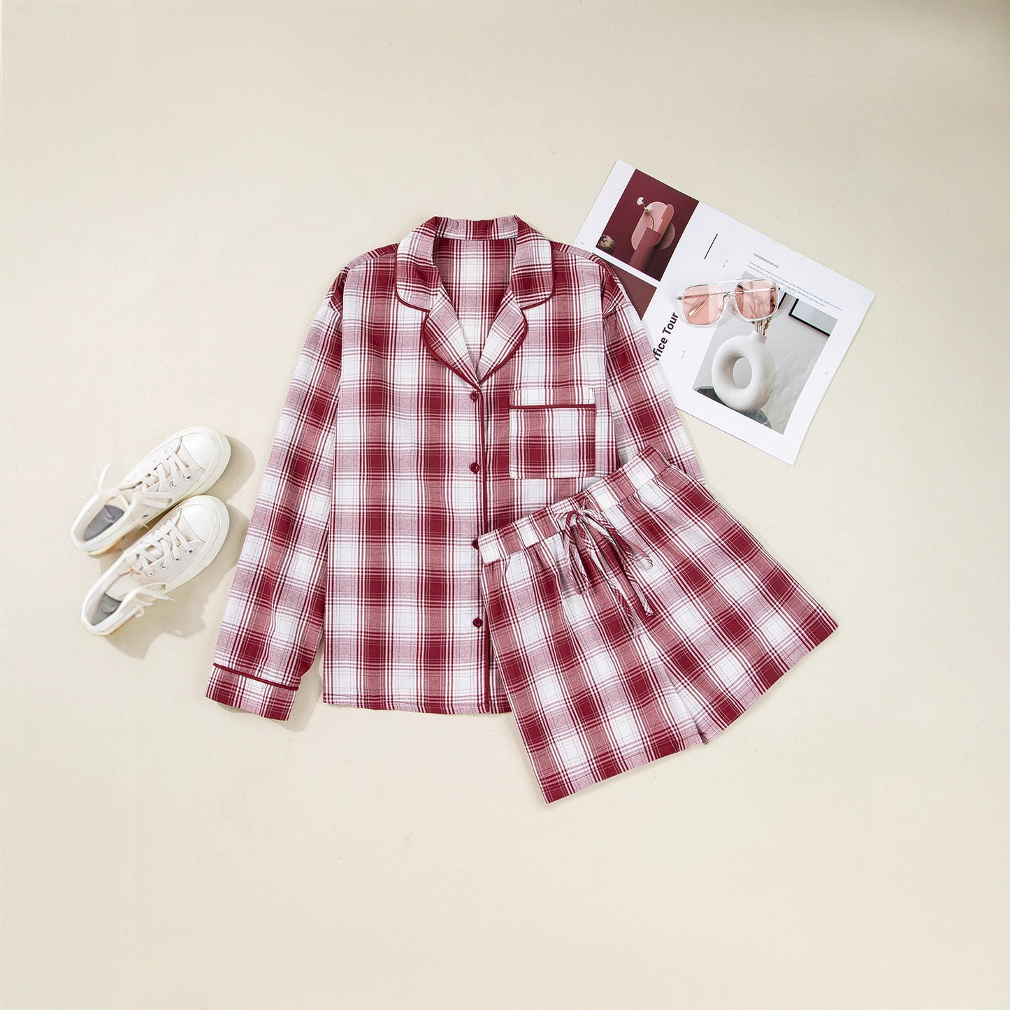 Ensemble maison en coton à carreaux pour femmes