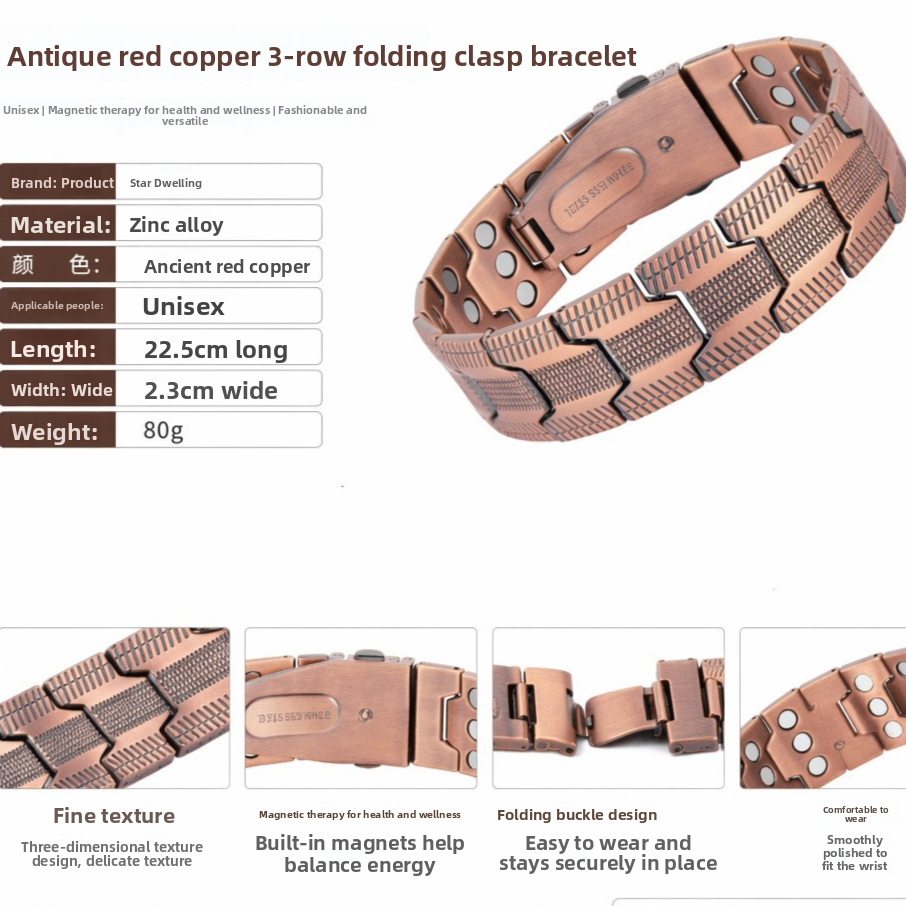 Bracelet magnétique en cuivre à trois rangées, finition brossée par galvanoplastie et fermoir déployant.