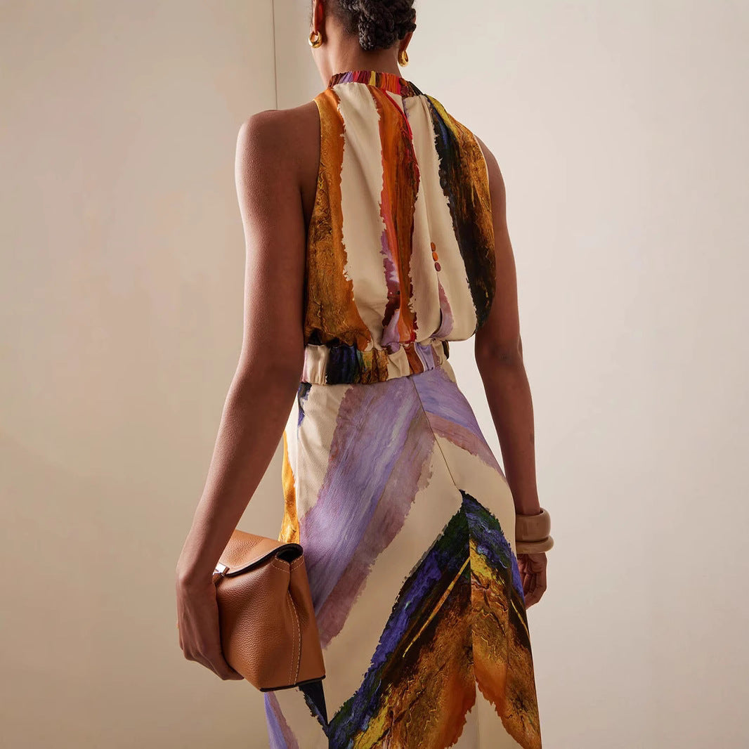 Robe longue imprimée sans manches pour femme