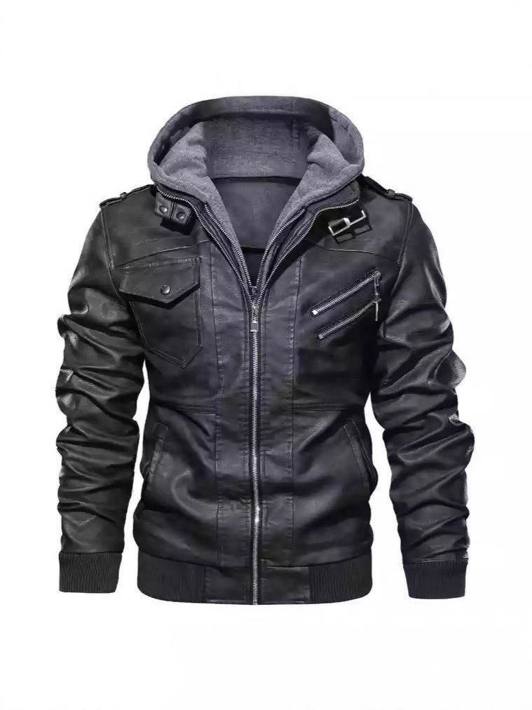 Veste à capuche avec col montant en cuir PU