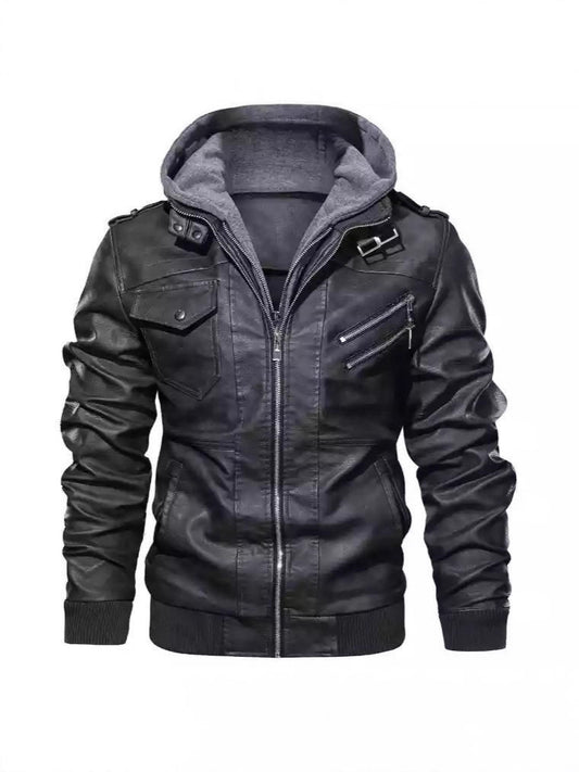 Veste à capuche avec col montant en cuir PU