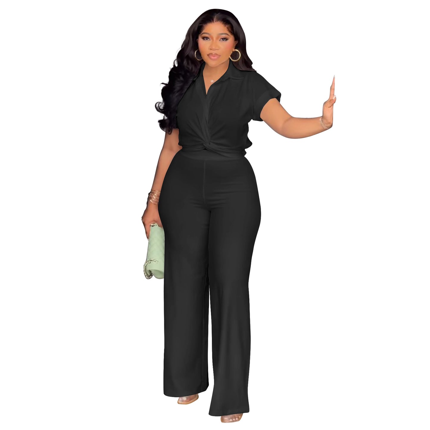 Habit :Ensemble chemise à manches courtes et pantalon taille haute uni pour femme