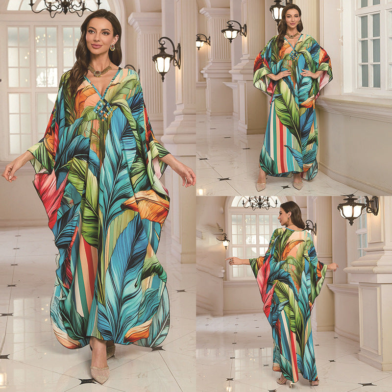 Robe longue de plage imprimée en coton pour femme, robe longue ample, paréo, vêtement de protection solaire