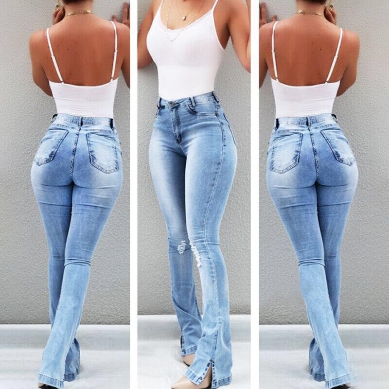 Jean évasé taille haute élastique pour femmes