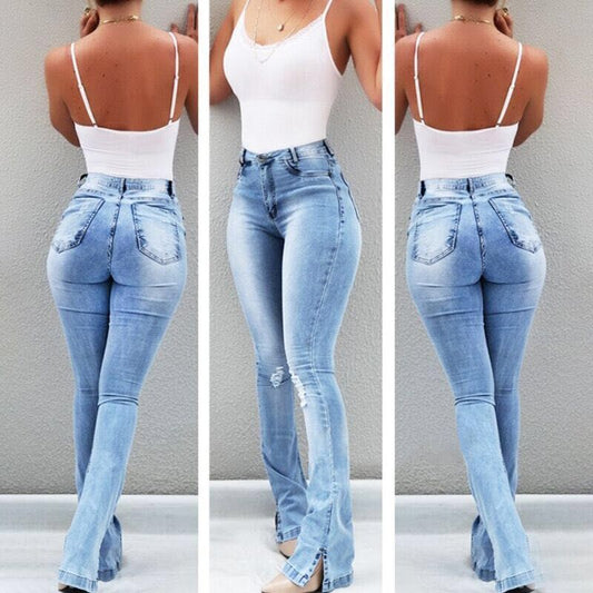 Jean évasé taille haute élastique pour femmes