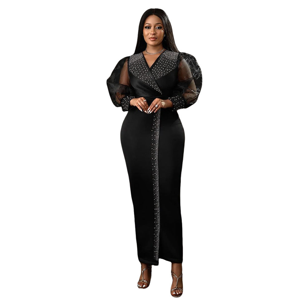 Robe moulante à manches bouffantes en losanges pour femme