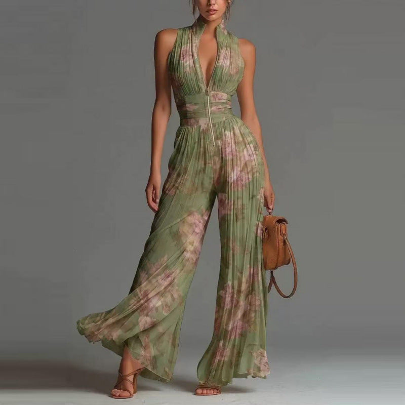 Combinaison pour femmes plissée à col halter et jambes larges