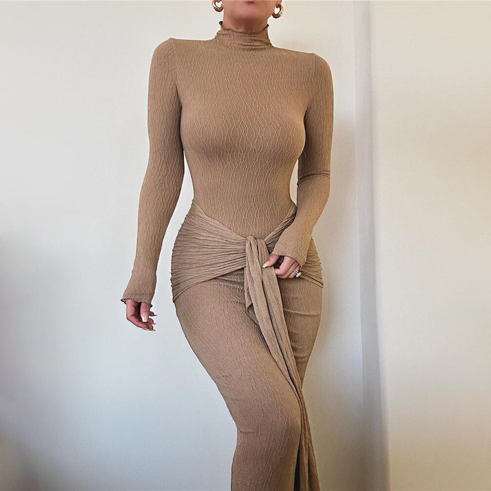 Robe longue ajustée plissée, unie, à manches longues, tendance et sexy