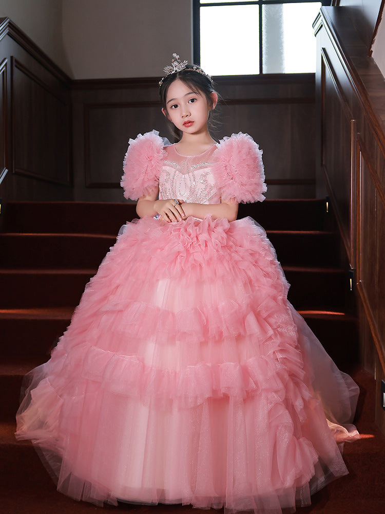 Robe de spectacle pour filles en lin rose