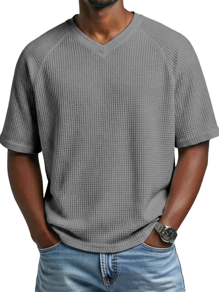 T-shirt pour hommes à col en V, manches courtes, tricoté et tendance