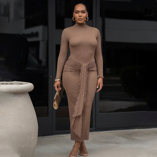 Robe longue ajustée plissée, unie, à manches longues, tendance et sexy