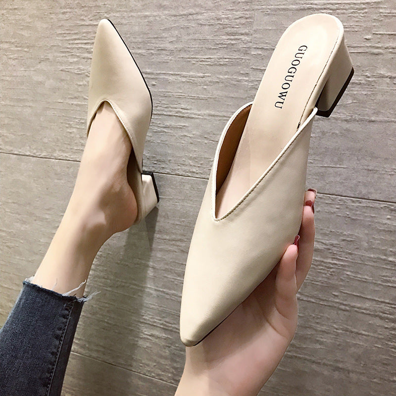 Chaussures :Pantoufles à talons hauts, talons épais, bout pointu, baotou, chaussures d'extérieur, demi-chaussons