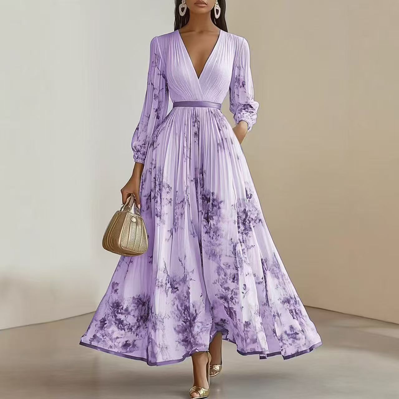 Robe longue à manches longues pour femmes avec col en V et plis