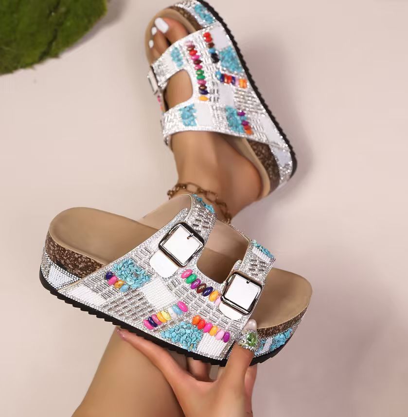 Sandales de plage à semelle épaisse avec boucle en strass