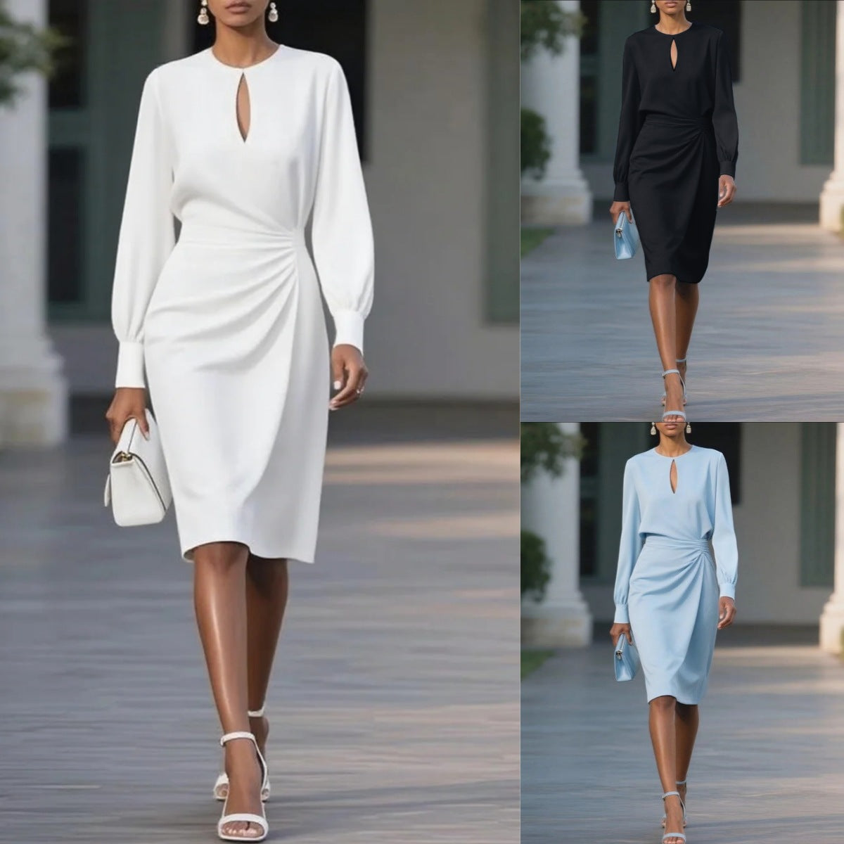 Robe élégante à couleur unie plissée et ajourée